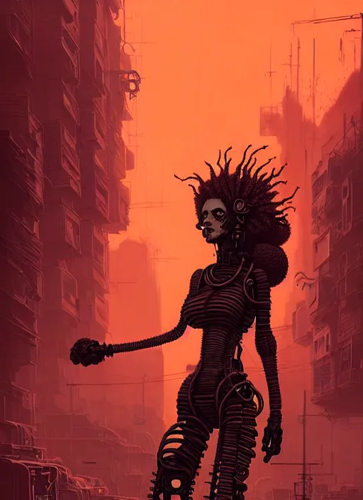 Image similar to highly detailed portrait of wasteland punk long curly fire hair tribal lady, stray wiring by atey ghailan, james gilleard, by joe fenton, by greg rutkowski, by greg tocchini, by kaethe butcher, 4 k resolution, gradient red, orange, black and white color scheme!!! ( ( burning flaming robotic dystopian city background ) )