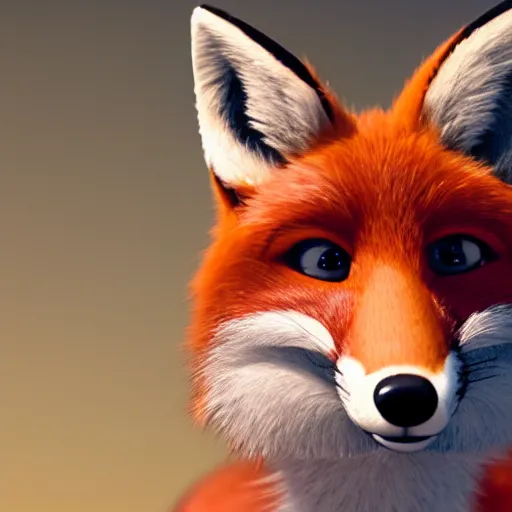 Image similar to handsome fox male wearing a black tuxedo, Pixar animated still, high quality HDR octane render