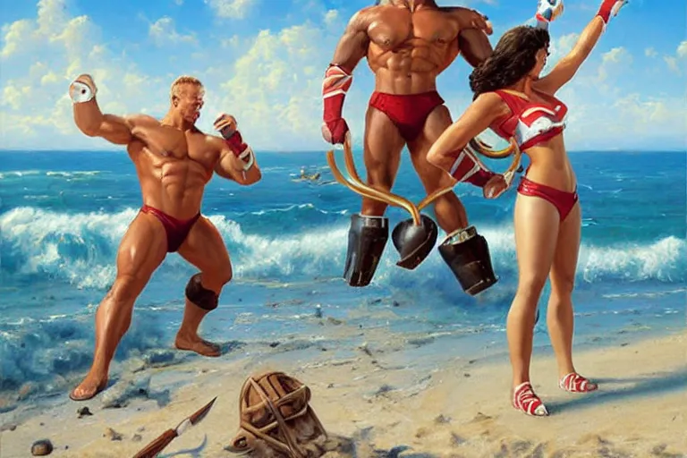 Image similar to portrait of american gladiators malibu and nitro on the beach, an oil painting by ross tran and thomas kincade