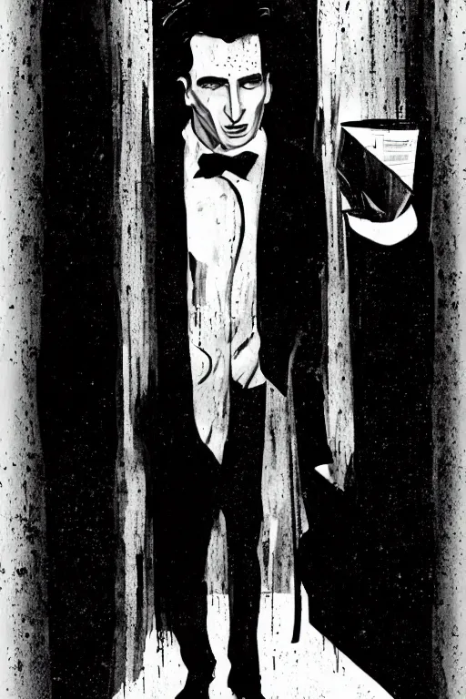 Image similar to black and white illustration of Patrick Bateman in a rainy street, neo noir style, Frank Miller creative design, Josep Tapiró Baró