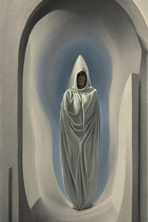 Image similar to mysterious hooded woman, realism hovering over the ground in front of a portal opening up into the depth of a new realm, epic surrealism 8k oil painting, high definition, post modernist layering, by René Lalique