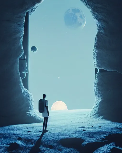 Image similar to a person standing in front of an open door that's on the moon, poster art by mike winkelmann, trending on cg society, space art, sci - fi, ue 5, futuristic, volumetric lighting