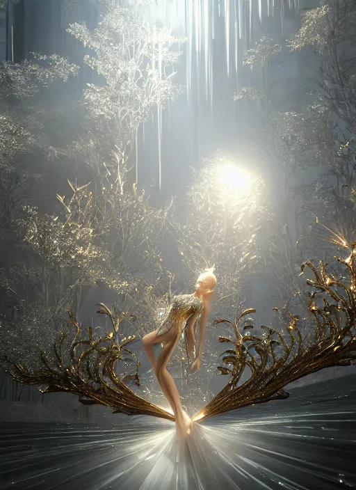 Prompt: beauteous practical catwalk elegant pixie, cinematic forest lighting, crystalline masterpiece incrustations, hyperdetailed metalwork, dancing in volumetric soft glowing mist, elegant pose, white pearlescent, chrome, iridescent titanium, crystal, liquid gold, copper, bronze, movie still, octane render, unreal engine, crepuscular rays,