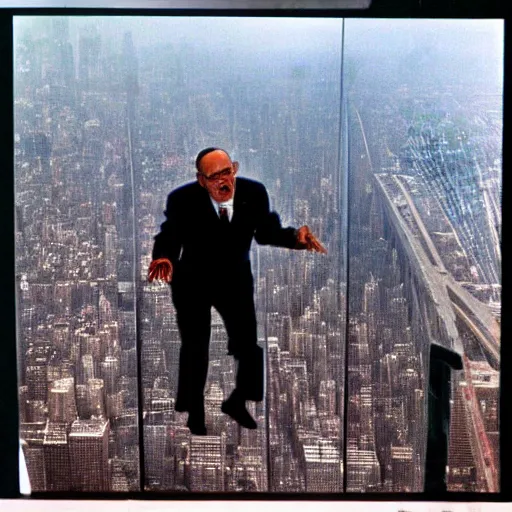 Image similar to color crt surveillence footage hyper detailed focused closeup fish eye lens photograph of Rudy Giuliani laughing hysterically tap dancing on top of the world trade center rubble pile smoking in ny on 9/11/01 september 11th