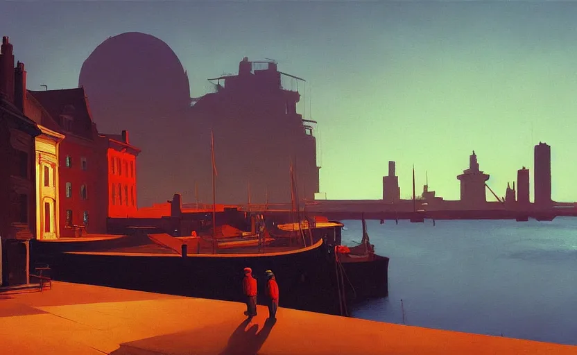 Image similar to Old victorian harbour at dusk, very coherent, painted by Edward Hopper, Wayne Barlowe, painted by James Gilleard, airbrush, art by JamesJean