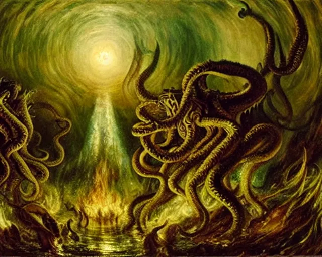 Image similar to an oil painting of cthulhu fighting an army in a forest, intricate, elegant, highly detailed, turner