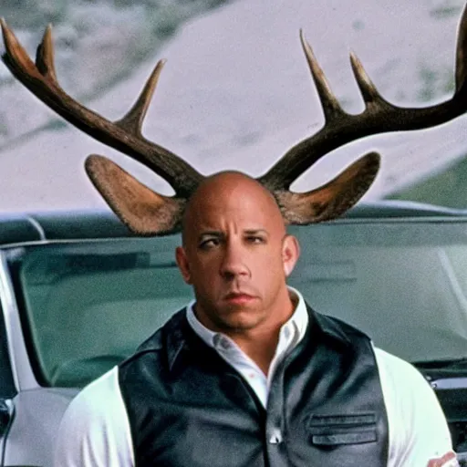 Image similar to Vin Diesel wearing moose antlers staring out of his car, movie scene from fast and the furious