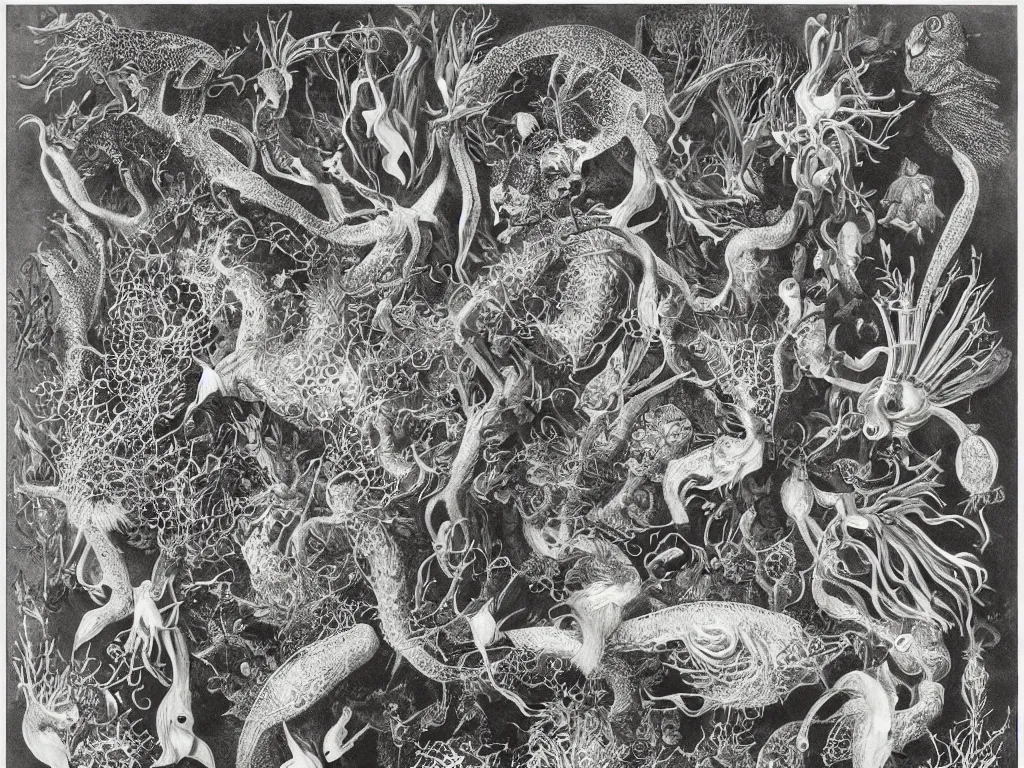 Prompt: Small animals, microorganisms living in the golden beard of a man. Painting by Ernst Haeckel, Walton Ford