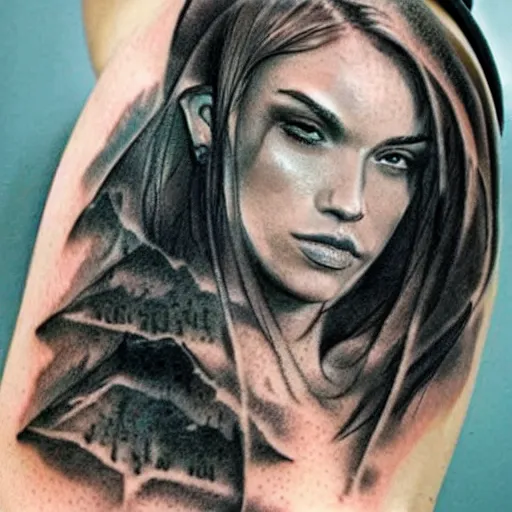 Image similar to realistic tattoo sketch of peta jensen face double exposure effect with a mountain scenery, in the style of matteo pasqualin, amazing detail, sharp