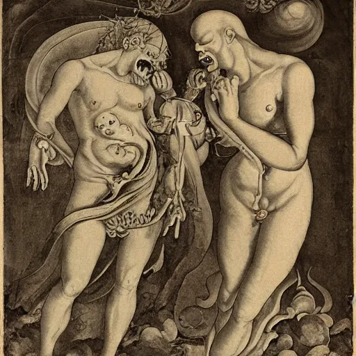 Image similar to a horror vacui depicting birth death God and the devil,