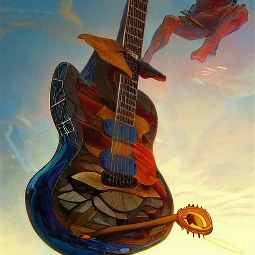 Prompt: guitar being eaten by a large fish, highly detailed digital painting, artstation, concept art, smooth, sharp focus, illustration, art by artgerm and greg rutkowski and alphonse mucha