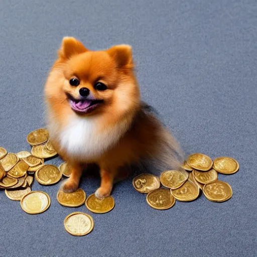 Image similar to A tan pomeranian wearing a top-hat, sitting on top of a large pile of gold coins