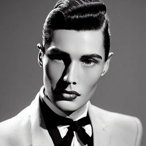 Prompt: a beautiful close - up of a black - haired man from the 1 9 4 0 s. high cheekbones. good bone structure. dressed in 1 9 4 0 s style. butterfly lightning. key light sculpting the cheekbones. by george hurrell.