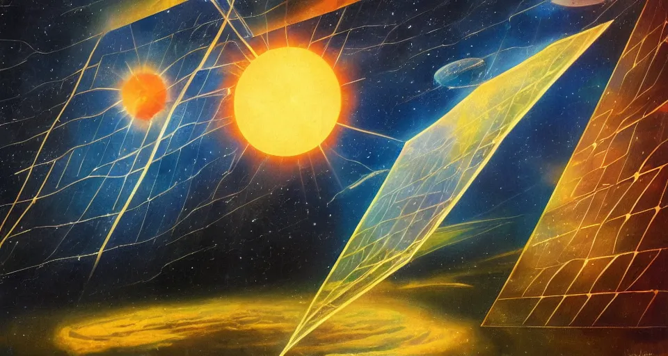 Image similar to hexagonal solar sail in space, blocking the sun, earth in the foreground, art deco painting