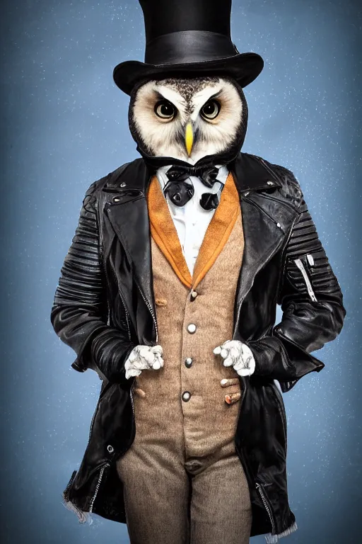 Prompt: cute owl wearing black biker jacket, portrait photo, backlit, studio photo, background colorful, tophat, kobalt blue, tophat, stone