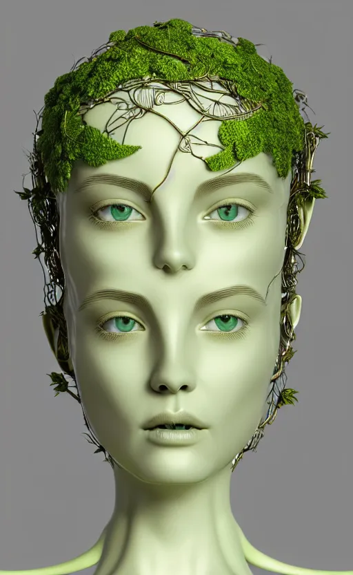 Prompt: ultra detailed complex 3d render of a beautiful porcelain profile woman face, hazel eyes, vegetal dragon cyborg, 150 mm, beautiful natural soft light, rim light, silver gold metallic details, magnolia soft lime green big leaves and stems, moss, roots, fine lace, maze like, mandelbot fractal, anatomical, facial muscles, cable wires, microchip, elegant, white metallic armour, octane render, black and white, H.R. Giger style