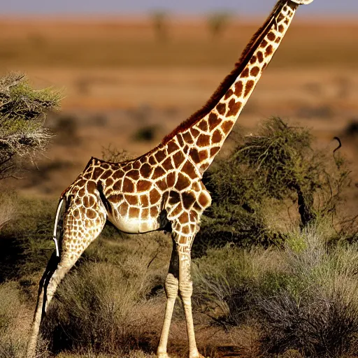 Prompt: giraffe grazing in the arid desert surrounded by cactus trees national geographic wild 400mm aspect ratio 24-70mm focal