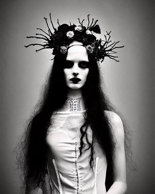 Image similar to dreamy surreal poetic black and white photo of a beautiful young female-cyborg-vegetal with a very long neck and a super big gothic lace collar filled with dead flies and a very high big floral crown with many black dry roses by Vivienne Westwood:: smoke, high fashion, haute couture, rococo, avant-garde, elegant, dreamy, hyper realistic, 150 mm lens, soft rim light, octane render, unreal engine, picture was taken in 1910 by Dora Maar, volumetric lighting, dramatic light,8k,