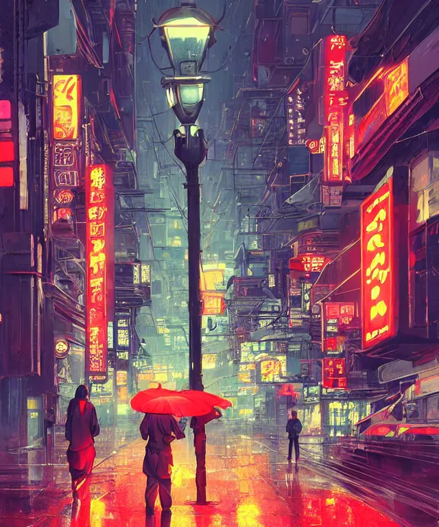 Prompt: big red robot waiting in street from neo tokyo , humid ground, artstation, art by françois schuiten and moebius and pascal campion, disney fantasy style, people and creatures walking holding neon ombrellas, volumetric light, neon lights, bokeh light from top, science fiction elements, lampposts, rainy mood