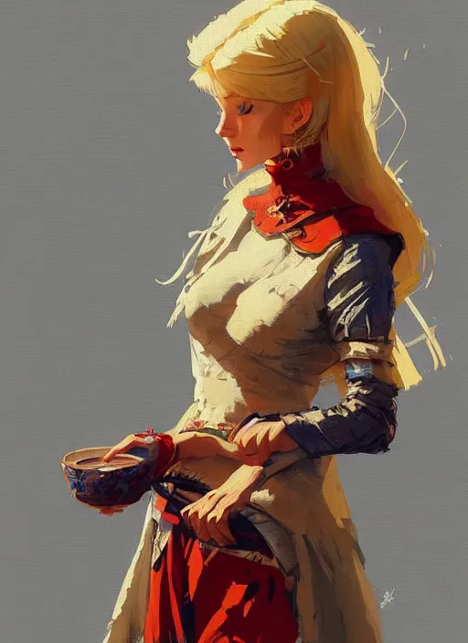 Prompt: a blonde woman wearing medieval tapestry as clothing, by jesper ejsing, ilya kuvshinov, greg rutkowski on artstation