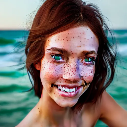 Image similar to portrait of a cute thin young woman, bronze brown hair, eye color is emerald green, red blush, cute freckles, smug smile, modern clothes, relaxing on the beach, golden hour, close up shot, 8 k, art by irakli nadar, hyperrealism, hyperdetailed, ultra realistic