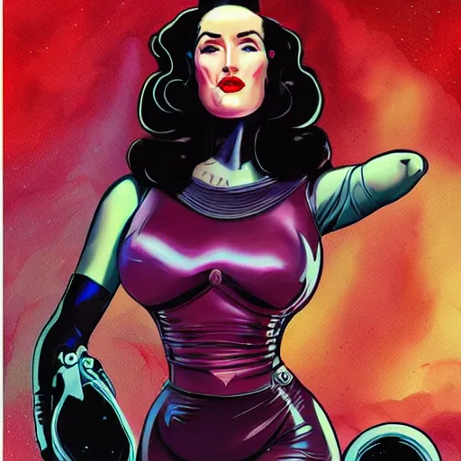 Image similar to a retro sci - fi pinup illustration of dita von teese in the style of anna dittmann and in the style of alex maleev.