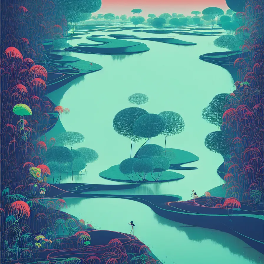 Prompt: ( ( ( gediminas pranckevicius ) ) ), river flow through borneo jungle, summer morning, very coherent and colorful high contrast art by james gilleard floralpunk screen printing woodblock, dark shadows, pastel color, hard lighting