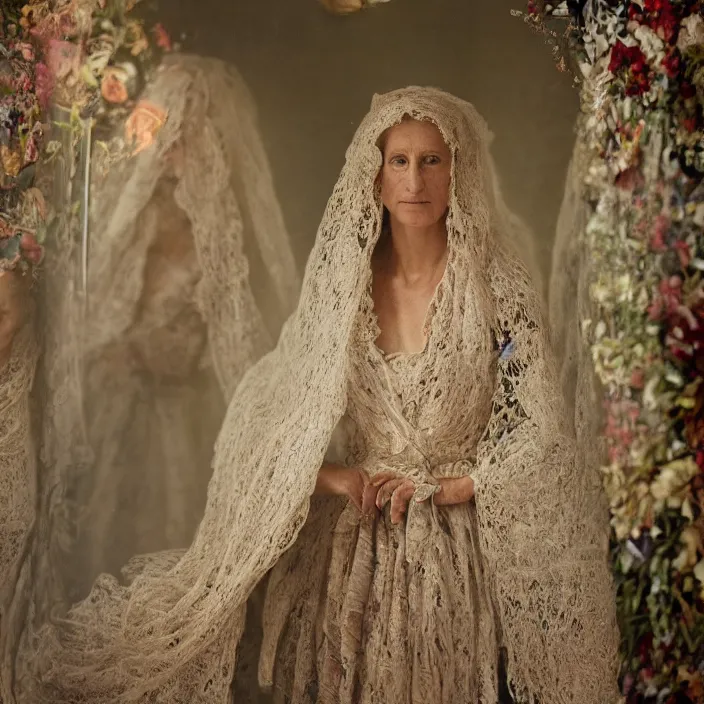 Image similar to closeup portrait of a woman with a cloak made of lace and flowers, standing in a hall of mirrors, by Annie Leibovitz and Steve McCurry, natural light, detailed face, CANON Eos C300, ƒ1.8, 35mm, 8K, medium-format print