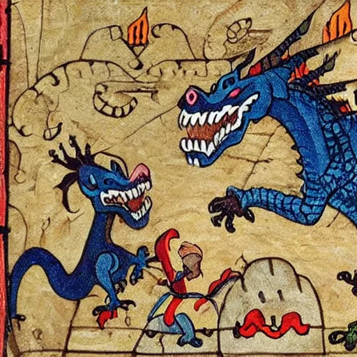 Image similar to two dragons in a castle fighting knights in the middle ages