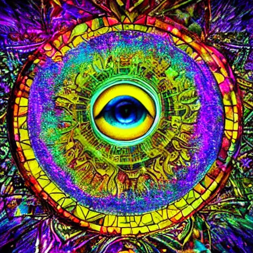 Prompt: The all seeing eye colorful concept art deviantart DSLR HDR Flickr 8K 3D hyperrealism holographic parallax maximalist polished poster art glossy photo detailed sunshine rays Horde3D meticulous hyper-detailed landscape filigree Kait Kybar, Stain glass window of the all seeing eye hyperrealism graffiti 8K 3D cyberpunk hyperdetailed serene cosmic LightWave 3D Art of Illusion ZBrush Nvidia GeForce RTX 3060 Ti Moebius polished elaborate complex meticulous Horde3D Moebuis, a plaza of trees digital illustration oil on canvas ambient occlusion action painting hyperrealism Unreal Engine 5 r/Art complex elaborate space futuristic scifi polished photo Pascal Blanché Simon Stålenhag, Trees and overgrowth around a stain glass window of the all seeing eye made of cybernetic designs.