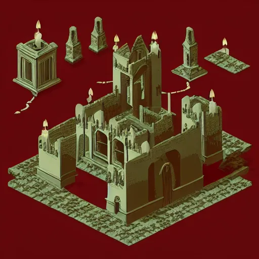 Image similar to “isometric creepy abbey, dark corridors, candles, style of eternal darkness”