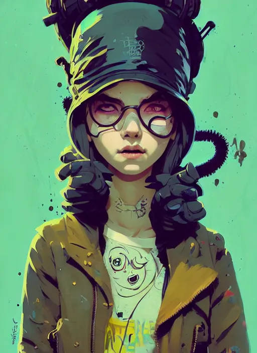 Image similar to highly detailed portrait of a sewer punk young lady by atey ghailan, james gilleard, by joe fenton, by greg rutkowski, by greg tocchini, by kaethe butcher, 4 k resolution, gradient yellow, black, brown and cyan color scheme, grunge aesthetic!!! ( ( dystopian graffiti tag wall in background ) )