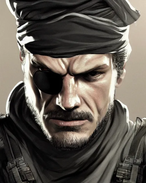 Image similar to solid snake wearing bandana on head portrait, cinematic lighting, backlit face, tired expression close - up, black atmospheric background, 4 k detailed digital photoshop painting, best of artstation hdr, official artwork hdr