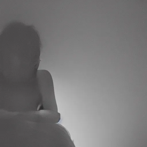 Image similar to Silhouette of a girl crying and trying to hide her tears, sitting in a dark room, with a faint light coming through, professional award winning photography, black and white, law of the thirds