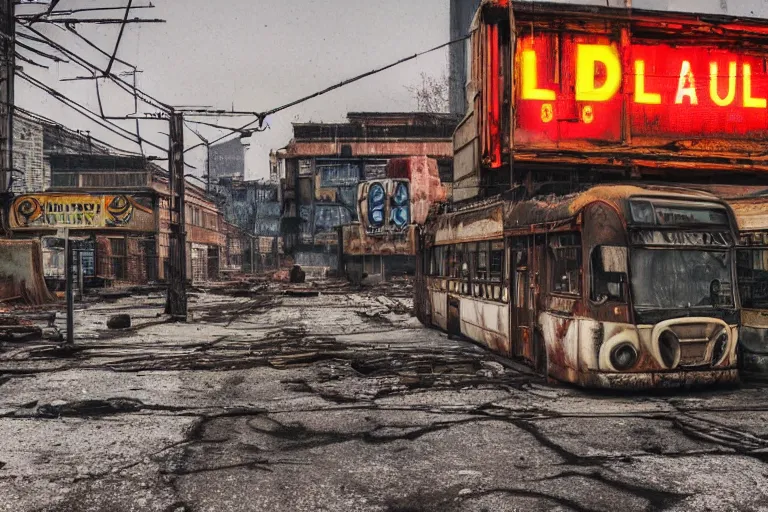 Image similar to low wide angle shot of dilapidated fallout 5, desolate, dilapidated neon signs, few rusted retro futuristic vintage parked vehicles like cars, ( ( ( buses, trucks, trams ) ) ), volumetric lighting, photorealistic, foggy, rain daytime, autumn, overcast weather, sharp focus, ultra detailed, 4 0 0 0 k