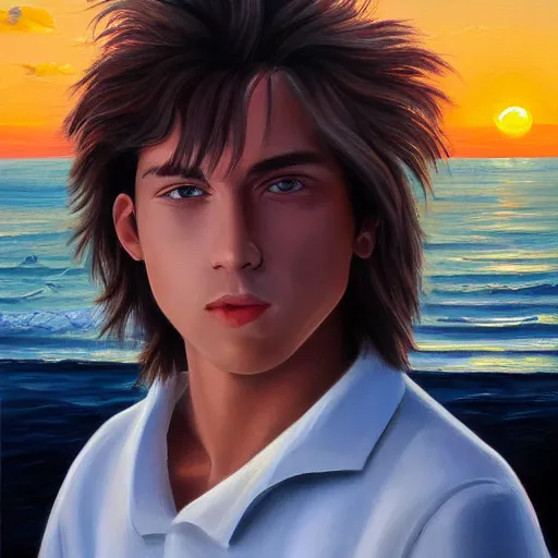 Image similar to a teen guy with mullet, portrait, sunset, ocean in distance, oil painting, pale colors, high detail, 8 k, wide angle, trending on artstation,