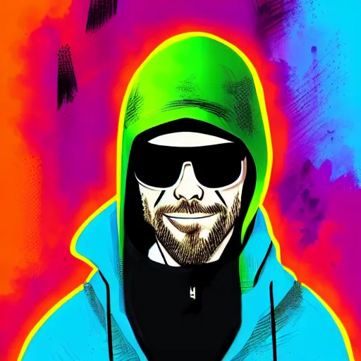 Prompt: character portrait design guy denning, tim doyle green mercenary grungy hooded sunglasses handsome smiling figure heroic!! nunchucks!! bold outline sharp edges. elegant, neon colors, dynamic angle, intricate highly detailed complexity, epic composition, symmetry, cinematic lighting masterpiece