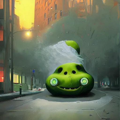 Image similar to the blob, a being of green ghostly ooze making its way through abandoned midnight streets, ray swanland, rhads,