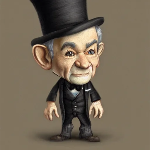 Prompt: an old male halfling with grey hair and black eyes wearing a suit and top hat, D&D, high detail, photorealistic, portrait