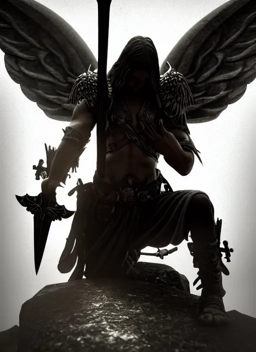 Prompt: fantasy art, fallen man angel kneeling on the knees with a sword and shield, close-up, bokeh. dark art masterpiece artstation. 8k, sharp high quality illustration in style of Jose Daniel Cabrera Pena and Leonid Kozienko, Tooth Wu, studio lighting. angel with big wings