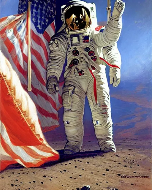 Image similar to handsome astronaut plants a flag on the moon, painting by gaston bussiere, craig mullins, j. c. leyendecker