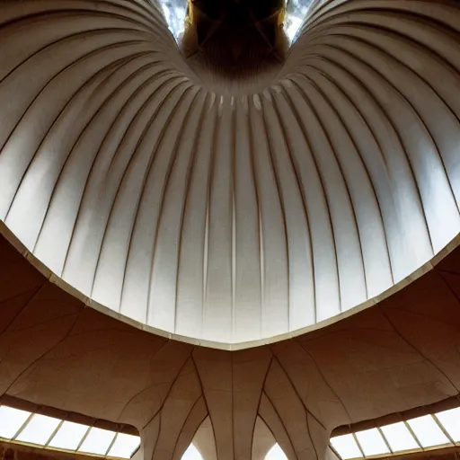 Prompt: looking up in the interior of a futuristic lotus temple with gold, red and white marble panels, in the desert, by buckminster fuller and syd mead, intricate contemporary architecture, photo journalism, photography, cinematic, national geographic photoshoot