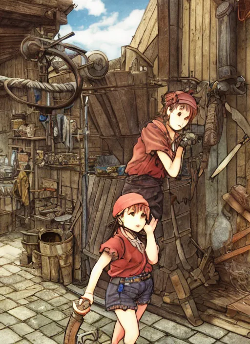 Image similar to tomboy blacksmith at the smithy, hidari, color page, tankoban, 4K, tone mapping, Akihiko Yoshida.