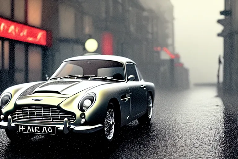 Image similar to a wholesome animation key shot of!! one!! focused!! aston martin db 5!!, front wheels turned, on a wet london street, raining, wide shot, studio ghibli, pixar and disney animation, sharp, very detailed, high resolution, rendered in unreal engine 5, anime key art by greg rutkowski, bloom, dull atmospheric lighting