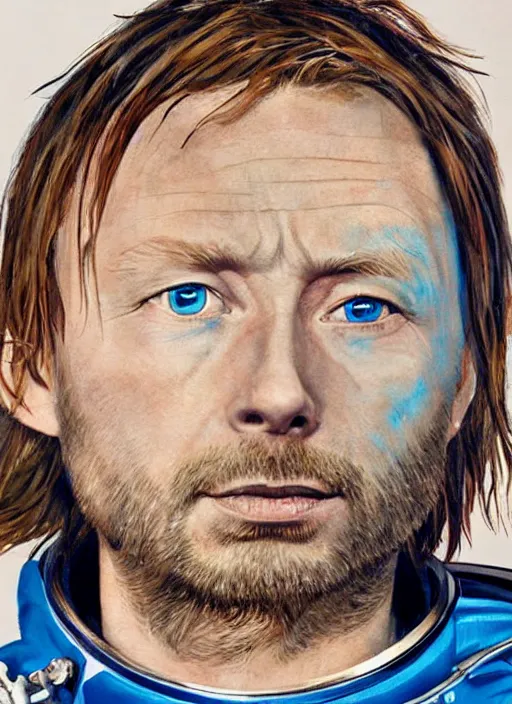 Image similar to calm thom yorke singer songwriter frontman, in spacesuit filling up with water, ultrafine detail, hyper realistic face, beautiful blue eyes, black spherical pupils, eyes reflecting into eyes reflecting into infinity, eyes reflecting into eyes reflecting into infinity