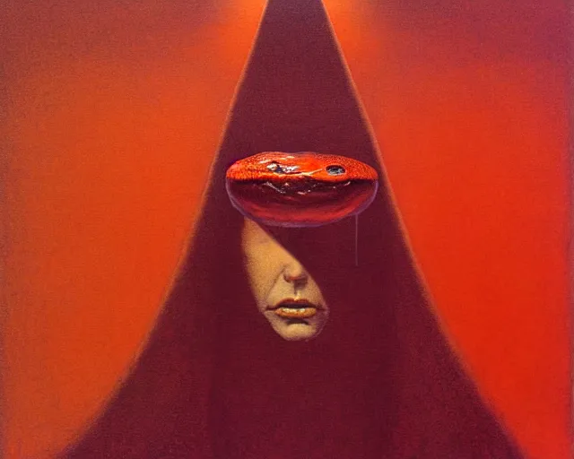 Image similar to lamprey by francis bacon, beksinski, mystical redscale photography evocative. devotion to the scarlet woman in her cathedral, priestess in a conical hat, coronation, ritual, sacrament