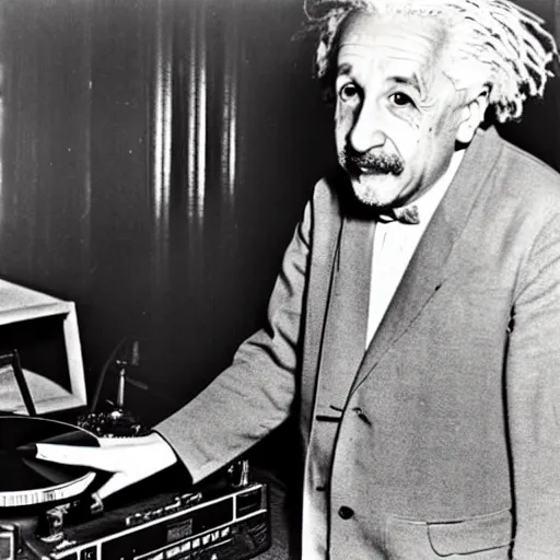 Prompt: color photograph of Albert Einstein DJing a record player at a nightclub, color photograph, color photograph