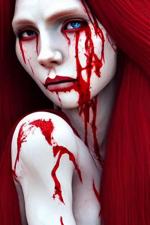 Prompt: woman skeleton covered with blood, amouranth face!!!, long red hair, ultra realistic, concept art, intricate details, highly detailed, 4 5 mm. photorealistic, octane render, 8 k, unreal engine. retro film still, heavy grain, 3 5 mm, art by artgerm and greg rutkowski and alphonse mucha