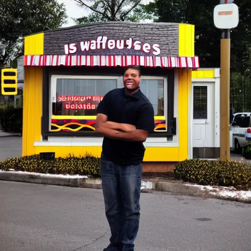 Image similar to wafflehouse employee's standing below wafflehouse sign