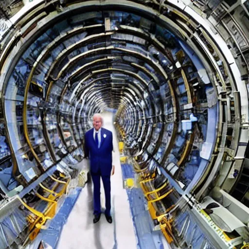 Image similar to The monster Joe BIDEN crawling out of The Large Hadron Collider at cern with a bunch of demons behind him